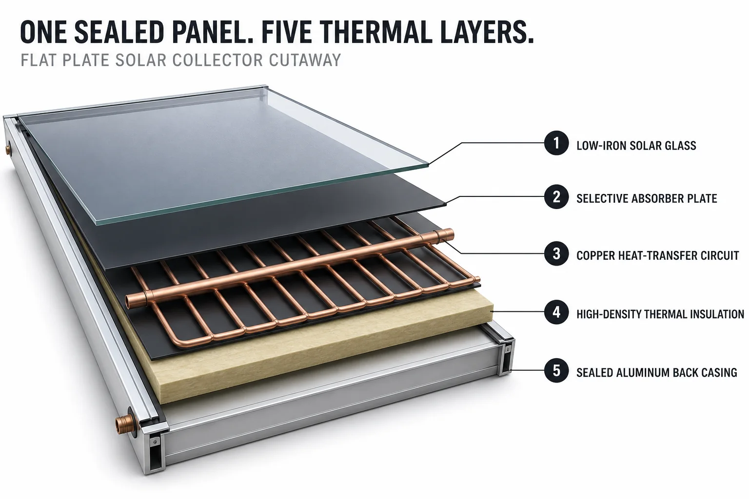 Flat plate solar collector cutaway