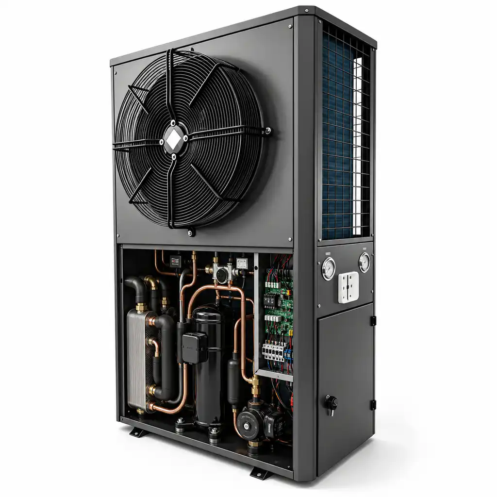 Internal components of all in one water and ground source heat pump