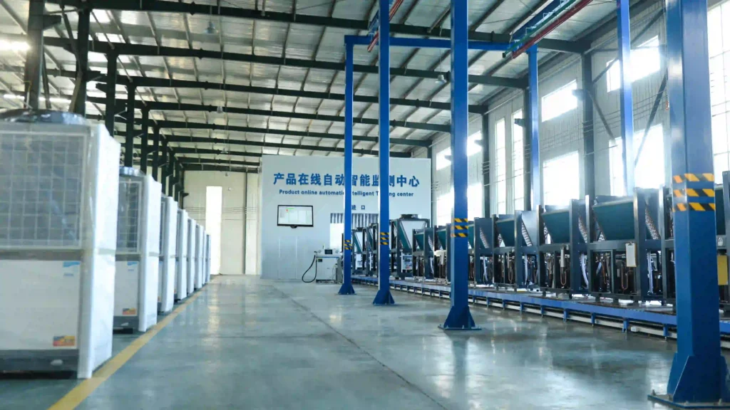 Heat pump quality inspection area at the CASSKY manufacturing facility
