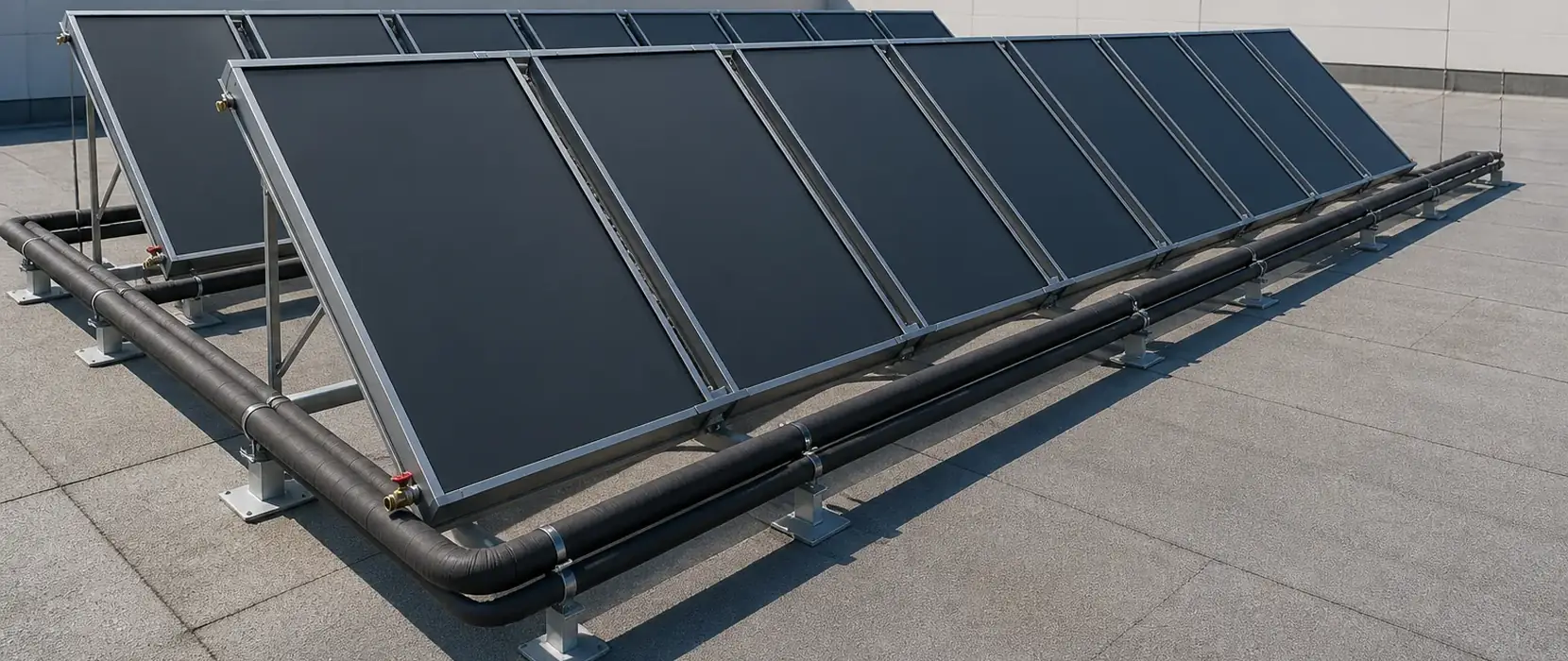 Flat plate solar collectors and pressurized solar water heating system