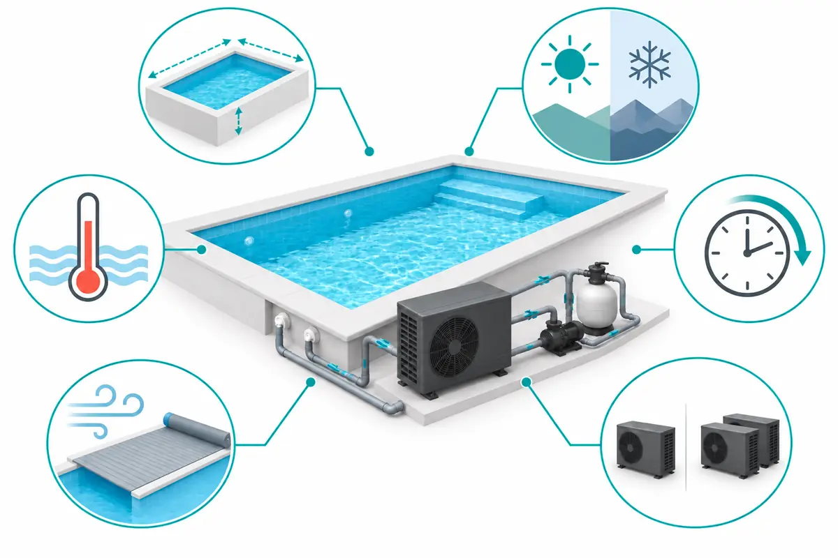 Pool heat pump selection factors including pool size, climate, water temperature, heat-up time, wind exposure, pool cover and unit quantity