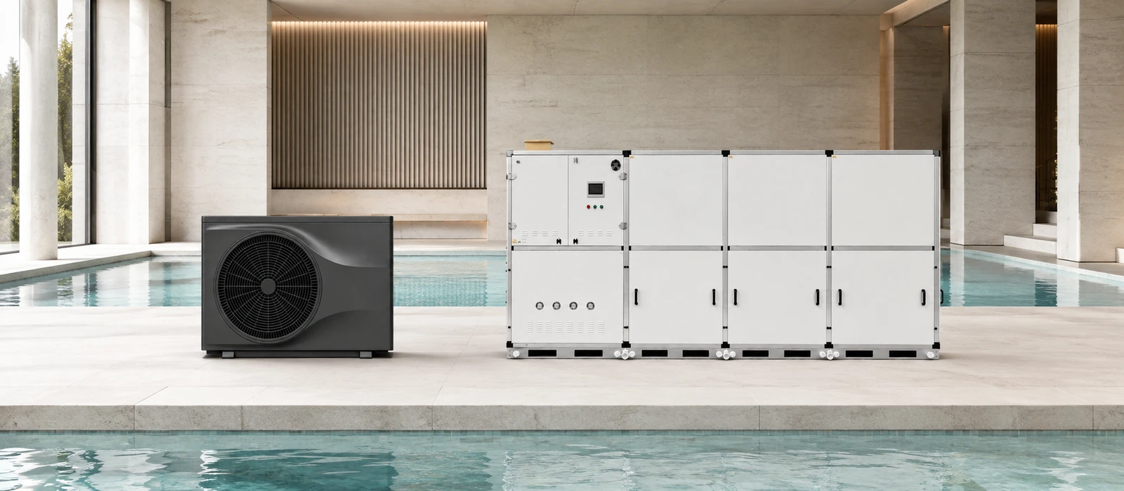 Pool heat pump system serving a swimming pool