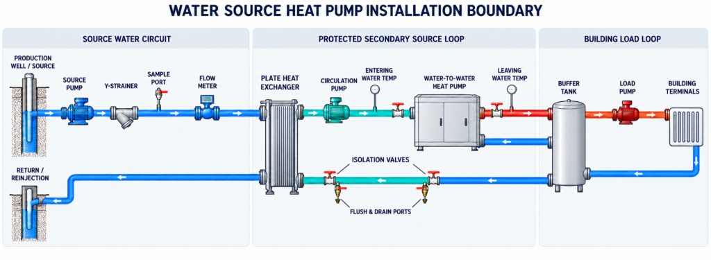 Conceptual water source heat pump installation with source-water filtration, isolation heat exchanger, protected loop and building circuit